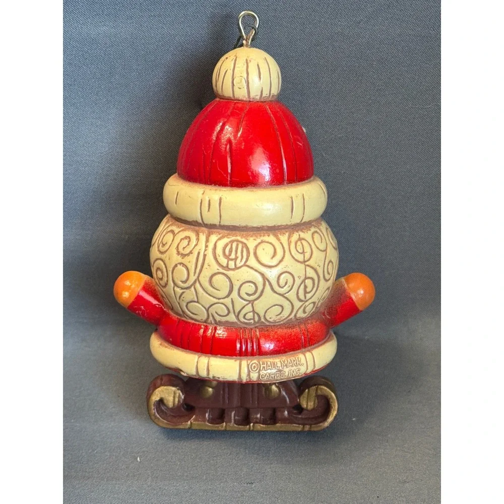 Vintage Hallmark Santa Sleigh Ornament Red Joy Hat Swirl Beard Christmas Decor